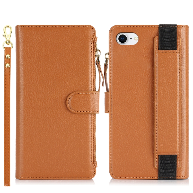 For iPhone SE 2022 / SE 2020 Wristband Holder Zipper Purse RFID Leather Phone Case(Brown) For iPhone SE 2022 / SE 2020 Wristband Holder Zipper Purse RFID Leather Phone Case(Brown)