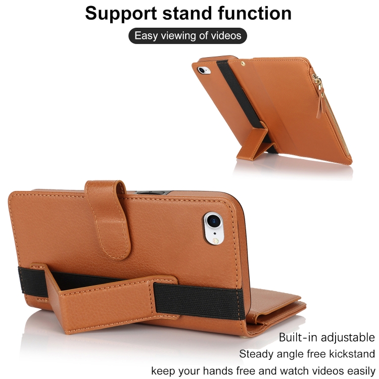 For iPhone SE 2022 / SE 2020 Wristband Holder Zipper Purse RFID Leather Phone Case(Brown) For iPhone SE 2022 / SE 2020 Wristband Holder Zipper Purse RFID Leather Phone Case(Brown)