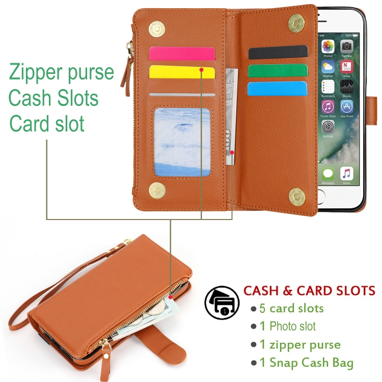 For iPhone SE 2022 / SE 2020 Wristband Holder Zipper Purse RFID Leather Phone Case(Brown) For iPhone SE 2022 / SE 2020 Wristband Holder Zipper Purse RFID Leather Phone Case(Brown)