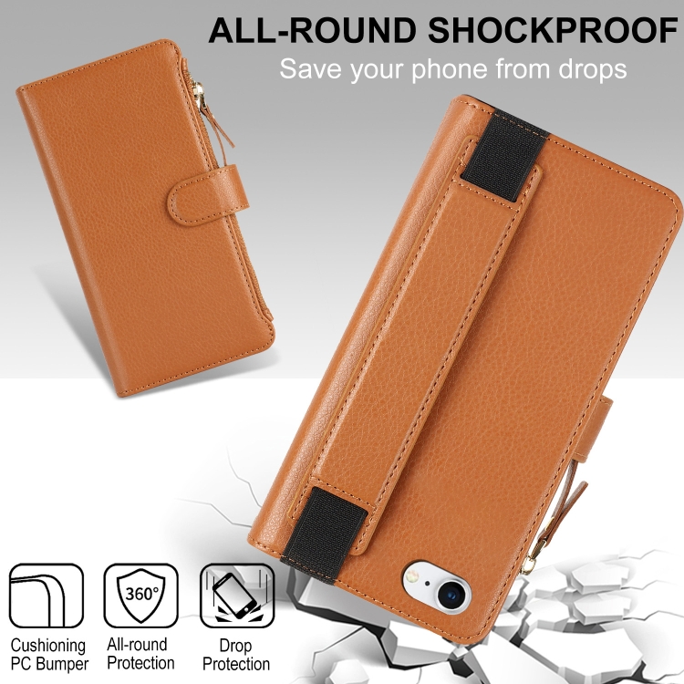 For iPhone SE 2022 / SE 2020 Wristband Holder Zipper Purse RFID Leather Phone Case(Brown) For iPhone SE 2022 / SE 2020 Wristband Holder Zipper Purse RFID Leather Phone Case(Brown)