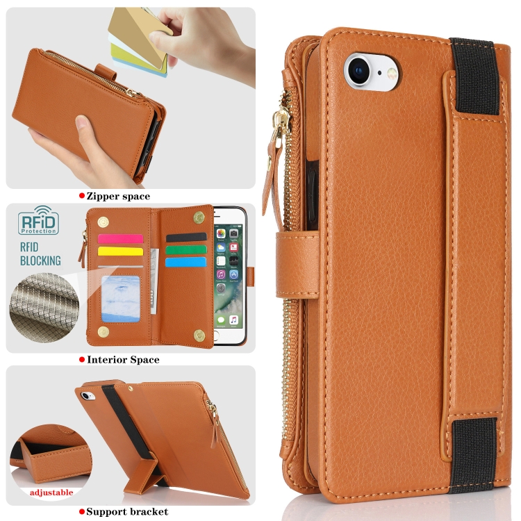 For iPhone SE 2022 / SE 2020 Wristband Holder Zipper Purse RFID Leather Phone Case(Brown) For iPhone SE 2022 / SE 2020 Wristband Holder Zipper Purse RFID Leather Phone Case(Brown)