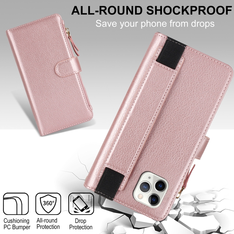 For iPhone 11 Pro Wristband Holder Zipper Purse RFID Leather Phone Case(Rose Gold) For iPhone 11 Pro Wristband Holder Zipper Purse RFID Leather Phone Case(Rose Gold)