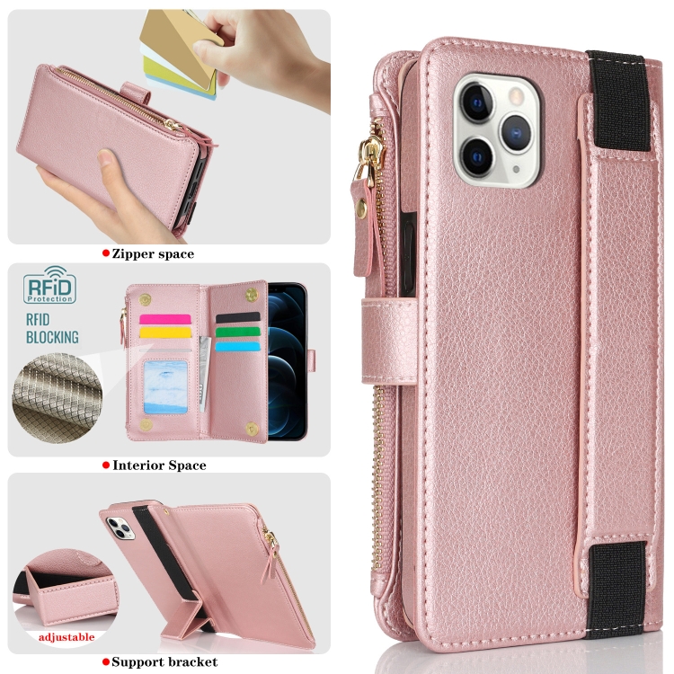 For iPhone 11 Pro Wristband Holder Zipper Purse RFID Leather Phone Case(Rose Gold) For iPhone 11 Pro Wristband Holder Zipper Purse RFID Leather Phone Case(Rose Gold)