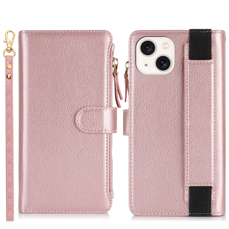 For iPhone 14 Plus Wristband Holder Zipper Purse RFID Leather Phone Case(Rose Gold) For iPhone 14 Plus Wristband Holder Zipper Purse RFID Leather Phone Case(Rose Gold)