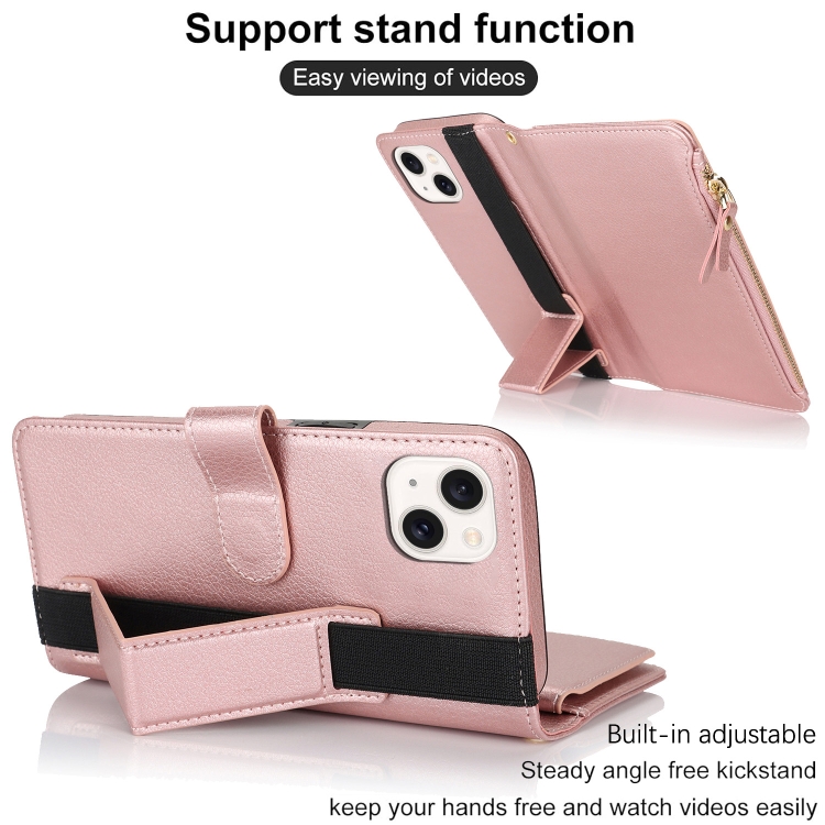 For iPhone 14 Plus Wristband Holder Zipper Purse RFID Leather Phone Case(Rose Gold) For iPhone 14 Plus Wristband Holder Zipper Purse RFID Leather Phone Case(Rose Gold)