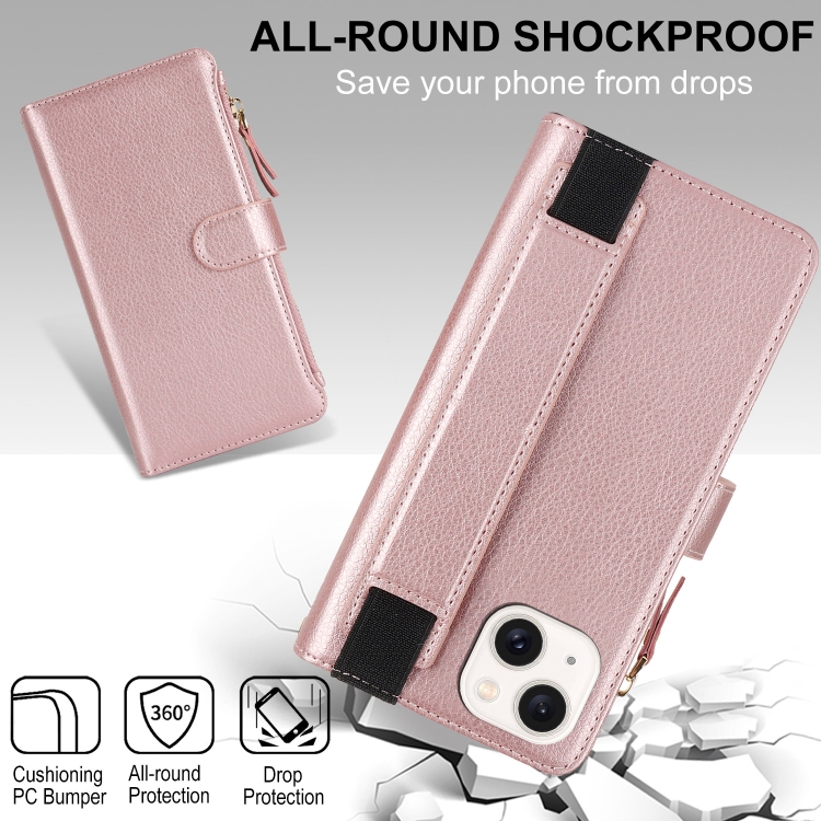 For iPhone 14 Plus Wristband Holder Zipper Purse RFID Leather Phone Case(Rose Gold) For iPhone 14 Plus Wristband Holder Zipper Purse RFID Leather Phone Case(Rose Gold)