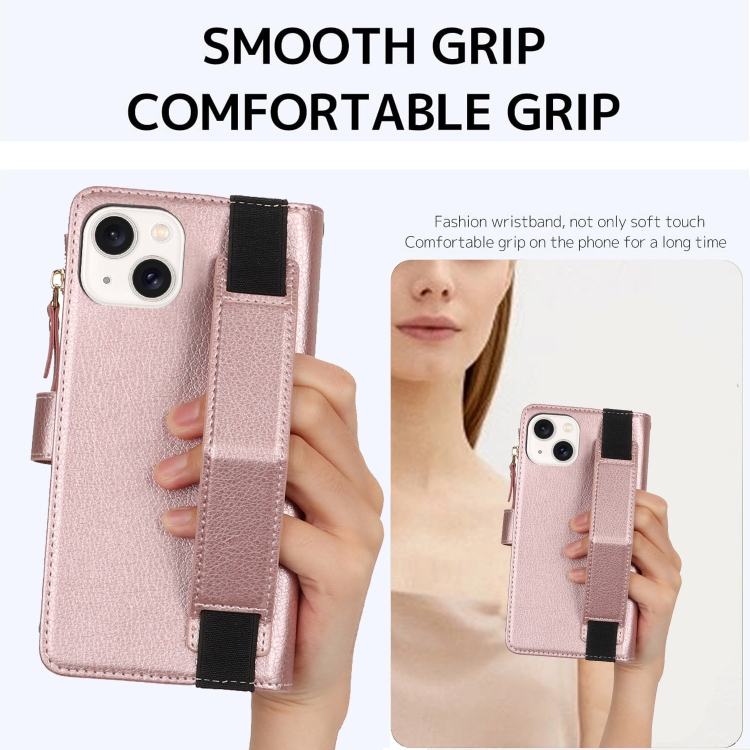 For iPhone 14 Plus Wristband Holder Zipper Purse RFID Leather Phone Case(Rose Gold) For iPhone 14 Plus Wristband Holder Zipper Purse RFID Leather Phone Case(Rose Gold)