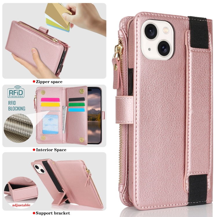 For iPhone 14 Plus Wristband Holder Zipper Purse RFID Leather Phone Case(Rose Gold) For iPhone 14 Plus Wristband Holder Zipper Purse RFID Leather Phone Case(Rose Gold)
