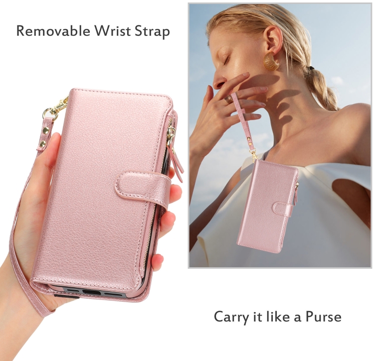 For iPhone 14 Plus Wristband Holder Zipper Purse RFID Leather Phone Case(Rose Gold) For iPhone 14 Plus Wristband Holder Zipper Purse RFID Leather Phone Case(Rose Gold)