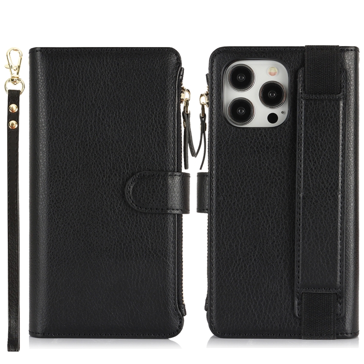 For iPhone 14 Pro Max Wristband Holder Zipper Purse RFID Leather Phone Case(Black) For iPhone 14 Pro Max Wristband Holder Zipper Purse RFID Leather Phone Case(Black)