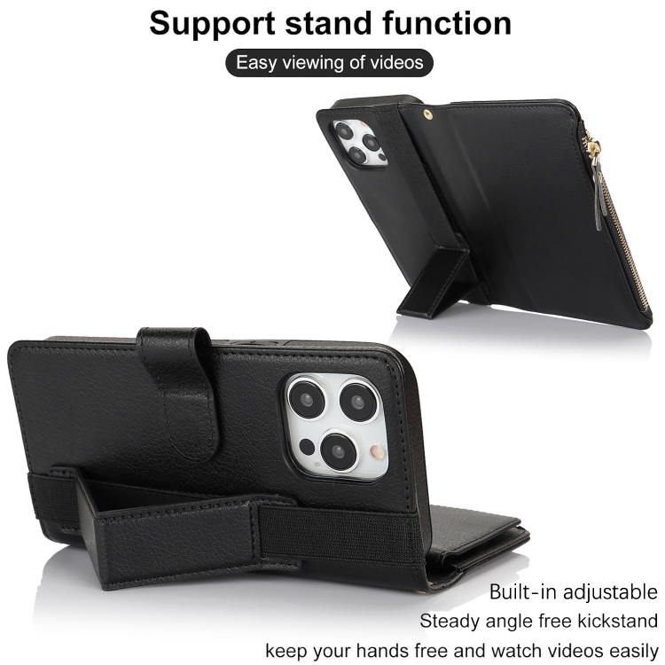 For iPhone 14 Pro Max Wristband Holder Zipper Purse RFID Leather Phone Case(Black) For iPhone 14 Pro Max Wristband Holder Zipper Purse RFID Leather Phone Case(Black)