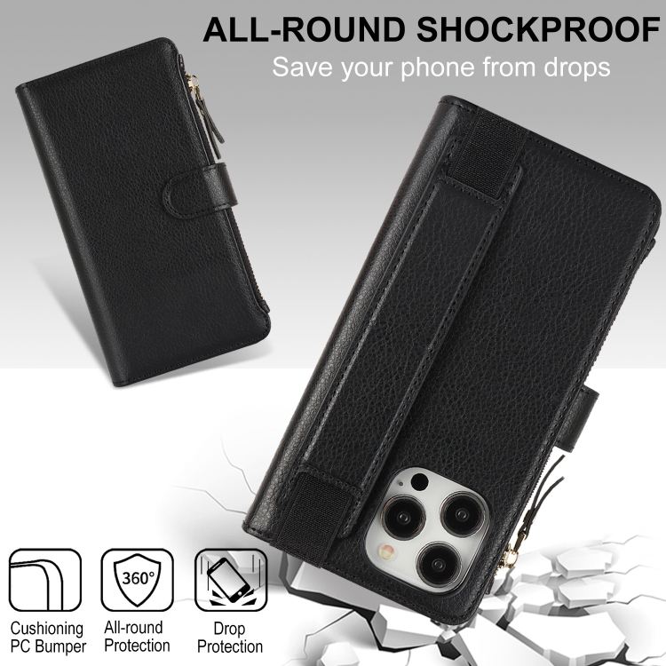 For iPhone 14 Pro Max Wristband Holder Zipper Purse RFID Leather Phone Case(Black) For iPhone 14 Pro Max Wristband Holder Zipper Purse RFID Leather Phone Case(Black)