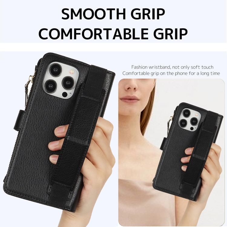 For iPhone 14 Pro Max Wristband Holder Zipper Purse RFID Leather Phone Case(Black) For iPhone 14 Pro Max Wristband Holder Zipper Purse RFID Leather Phone Case(Black)