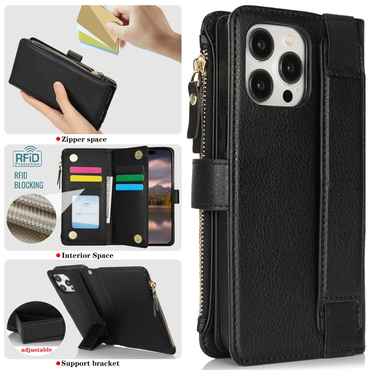For iPhone 14 Pro Max Wristband Holder Zipper Purse RFID Leather Phone Case(Black) For iPhone 14 Pro Max Wristband Holder Zipper Purse RFID Leather Phone Case(Black)