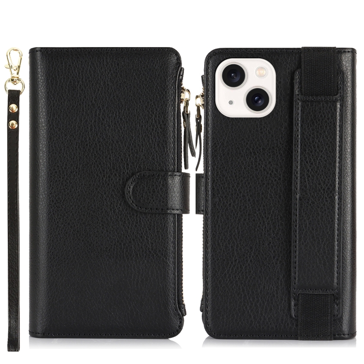 For iPhone 15 Wristband Holder Zipper Purse RFID Leather Phone Case(Black) For iPhone 15 Wristband Holder Zipper Purse RFID Leather Phone Case(Black)