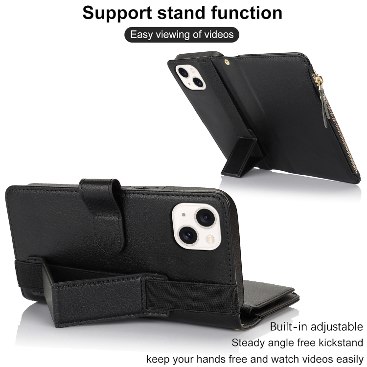 For iPhone 15 Wristband Holder Zipper Purse RFID Leather Phone Case(Black) For iPhone 15 Wristband Holder Zipper Purse RFID Leather Phone Case(Black)