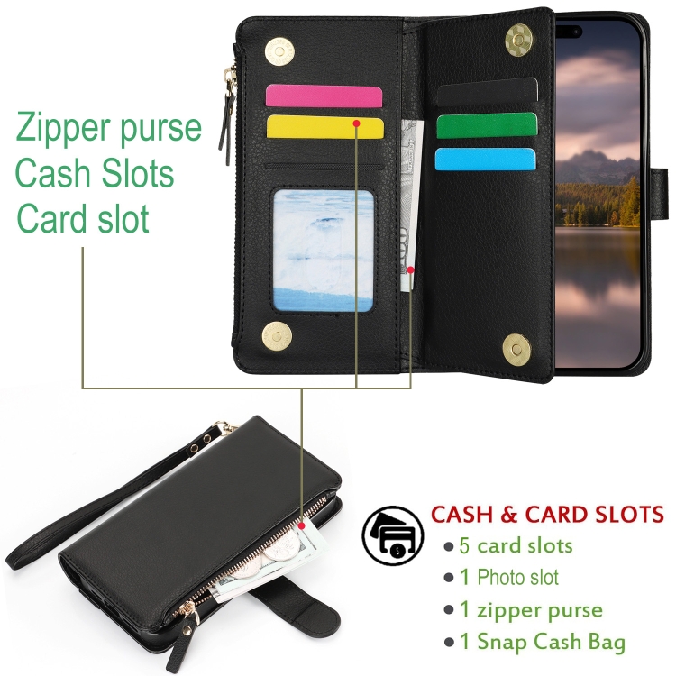For iPhone 15 Wristband Holder Zipper Purse RFID Leather Phone Case(Black) For iPhone 15 Wristband Holder Zipper Purse RFID Leather Phone Case(Black)