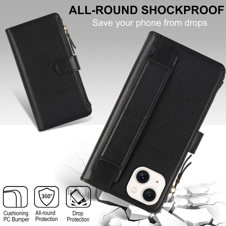 For iPhone 15 Wristband Holder Zipper Purse RFID Leather Phone Case(Black) For iPhone 15 Wristband Holder Zipper Purse RFID Leather Phone Case(Black)