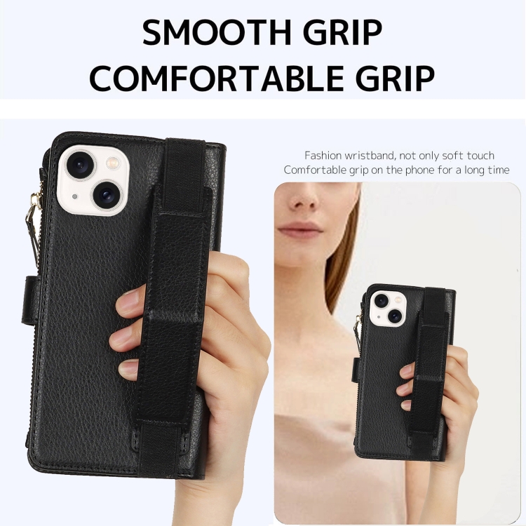 For iPhone 15 Wristband Holder Zipper Purse RFID Leather Phone Case(Black) For iPhone 15 Wristband Holder Zipper Purse RFID Leather Phone Case(Black)