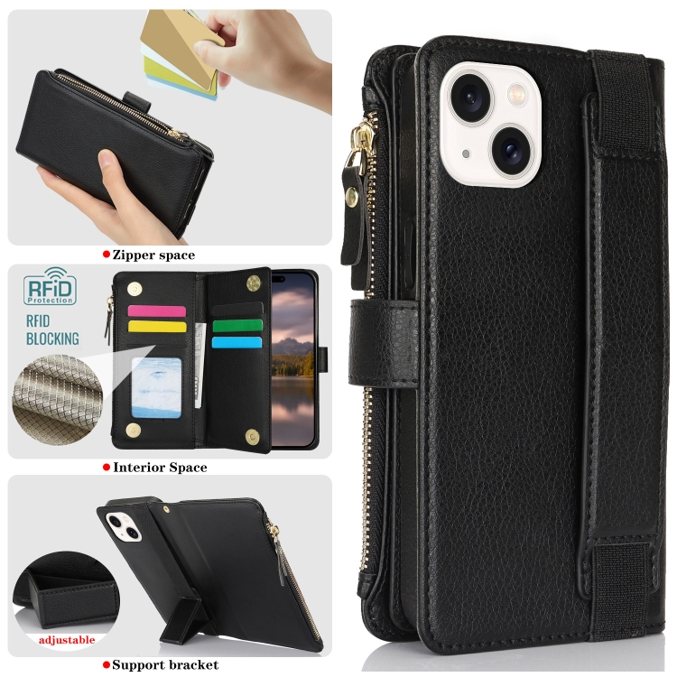 For iPhone 15 Wristband Holder Zipper Purse RFID Leather Phone Case(Black) For iPhone 15 Wristband Holder Zipper Purse RFID Leather Phone Case(Black)