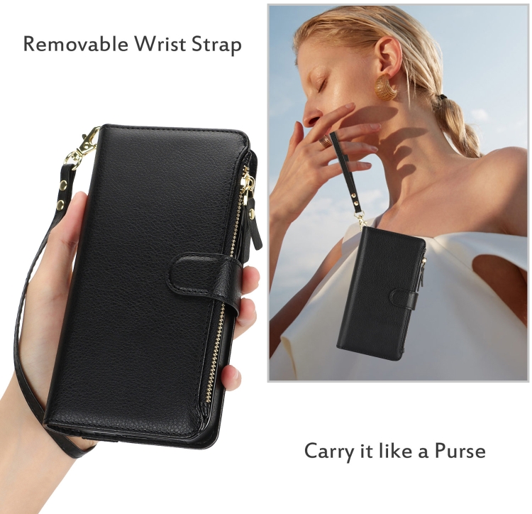 For iPhone 15 Wristband Holder Zipper Purse RFID Leather Phone Case(Black) For iPhone 15 Wristband Holder Zipper Purse RFID Leather Phone Case(Black)