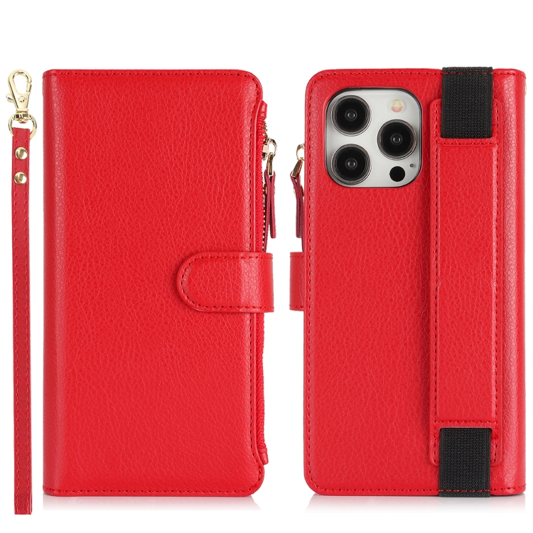 For iPhone 15 Pro Wristband Holder Zipper Purse RFID Leather Phone Case(Red) For iPhone 15 Pro Wristband Holder Zipper Purse RFID Leather Phone Case(Red)