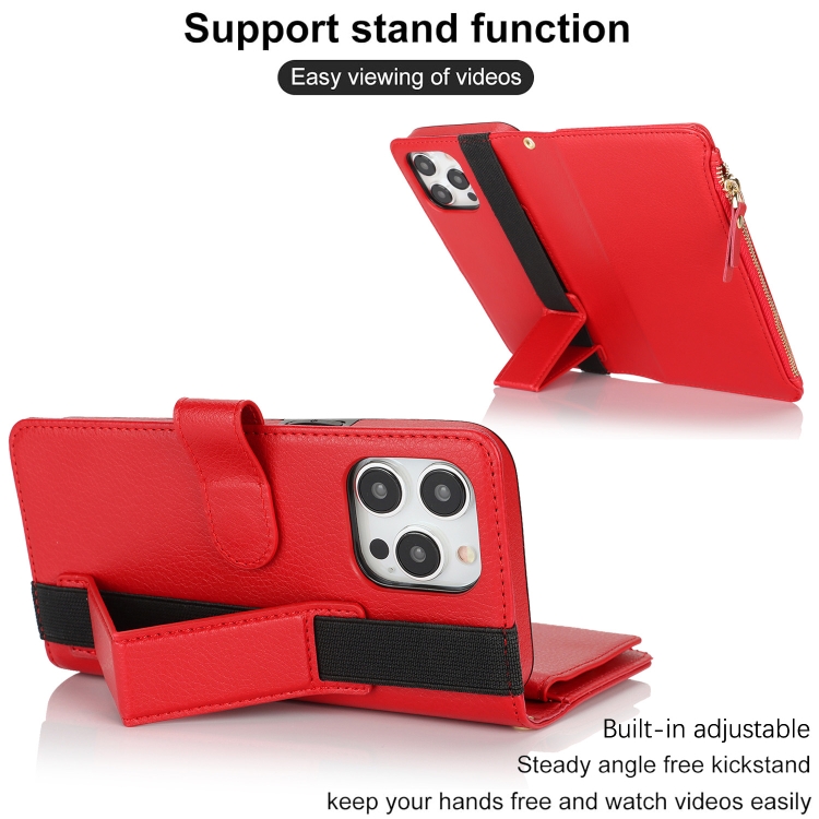 For iPhone 15 Pro Wristband Holder Zipper Purse RFID Leather Phone Case(Red) For iPhone 15 Pro Wristband Holder Zipper Purse RFID Leather Phone Case(Red)
