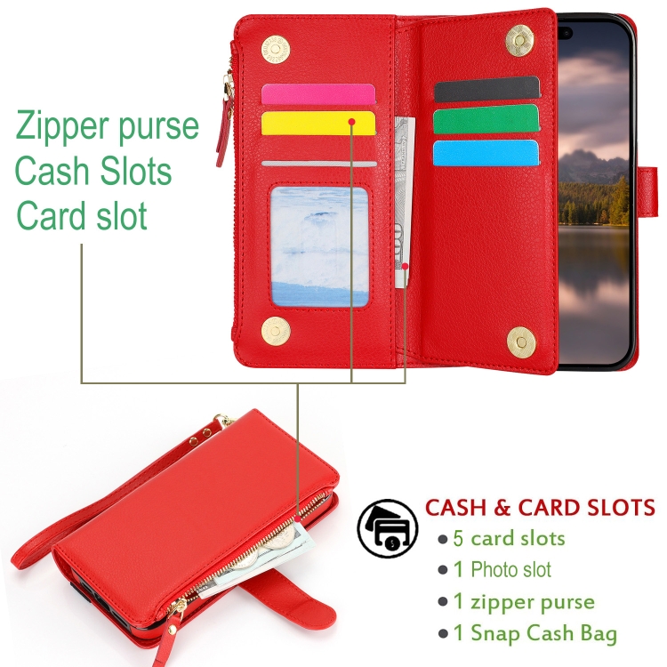 For iPhone 15 Pro Wristband Holder Zipper Purse RFID Leather Phone Case(Red) For iPhone 15 Pro Wristband Holder Zipper Purse RFID Leather Phone Case(Red)