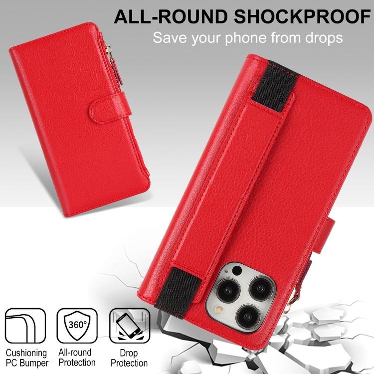 For iPhone 15 Pro Wristband Holder Zipper Purse RFID Leather Phone Case(Red) For iPhone 15 Pro Wristband Holder Zipper Purse RFID Leather Phone Case(Red)
