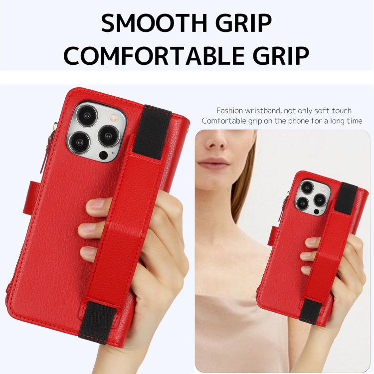 For iPhone 15 Pro Wristband Holder Zipper Purse RFID Leather Phone Case(Red) For iPhone 15 Pro Wristband Holder Zipper Purse RFID Leather Phone Case(Red)
