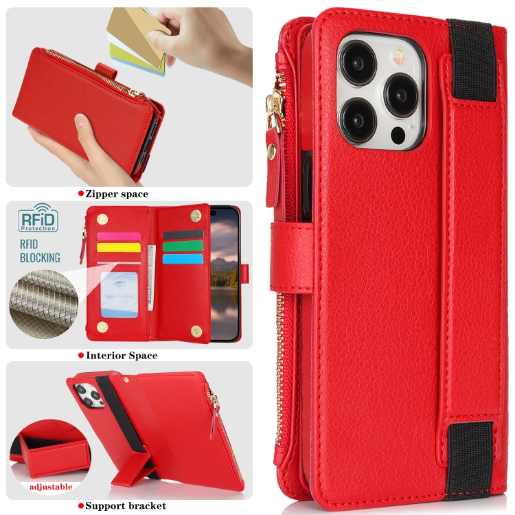 For iPhone 15 Pro Wristband Holder Zipper Purse RFID Leather Phone Case(Red) For iPhone 15 Pro Wristband Holder Zipper Purse RFID Leather Phone Case(Red)