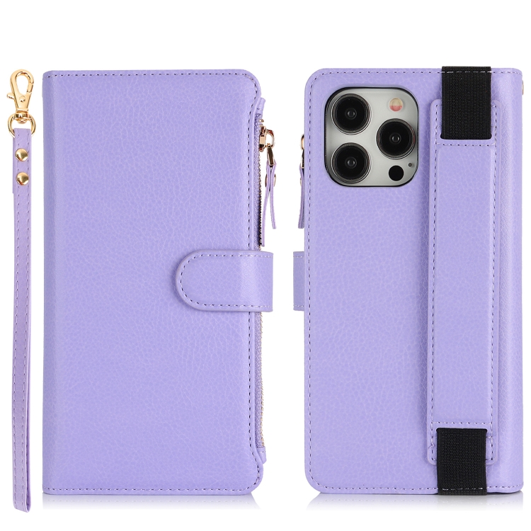 For iPhone 15 Pro Max Wristband Holder Zipper Purse RFID Leather Phone Case(Purple) - 1
