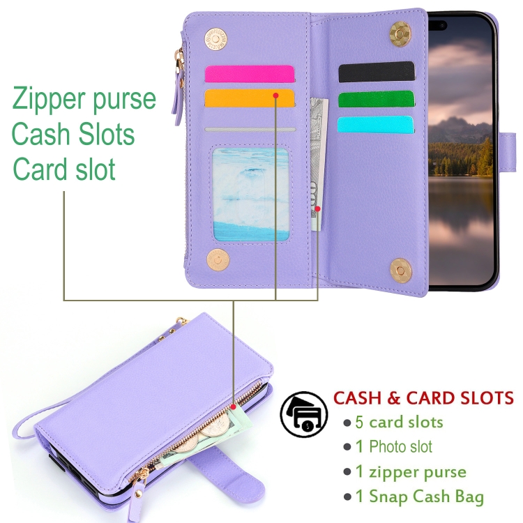 For iPhone 15 Pro Max Wristband Holder Zipper Purse RFID Leather Phone Case(Purple) - 3
