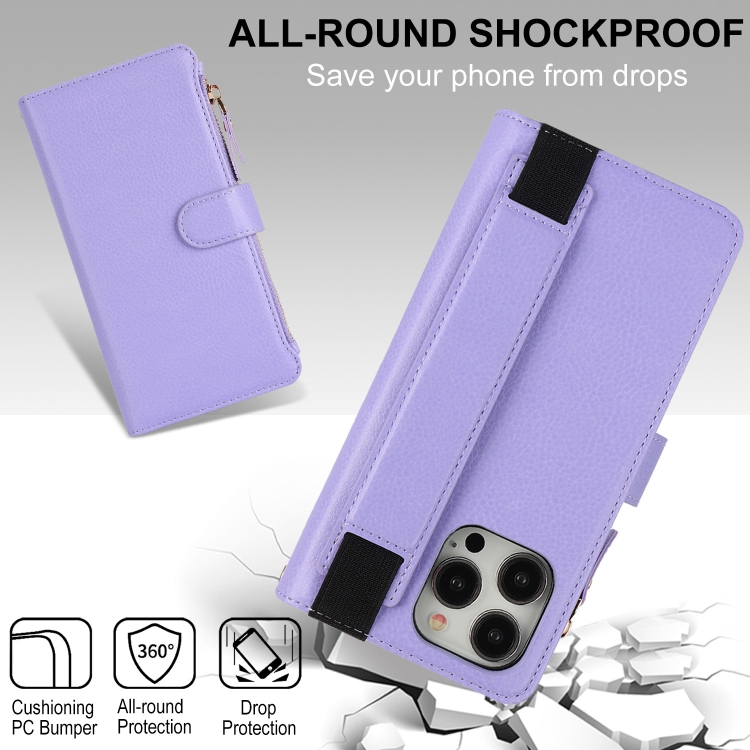 For iPhone 15 Pro Max Wristband Holder Zipper Purse RFID Leather Phone Case(Purple) - 4