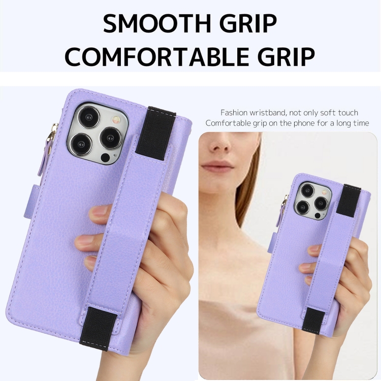 For iPhone 15 Pro Max Wristband Holder Zipper Purse RFID Leather Phone Case(Purple) - 5