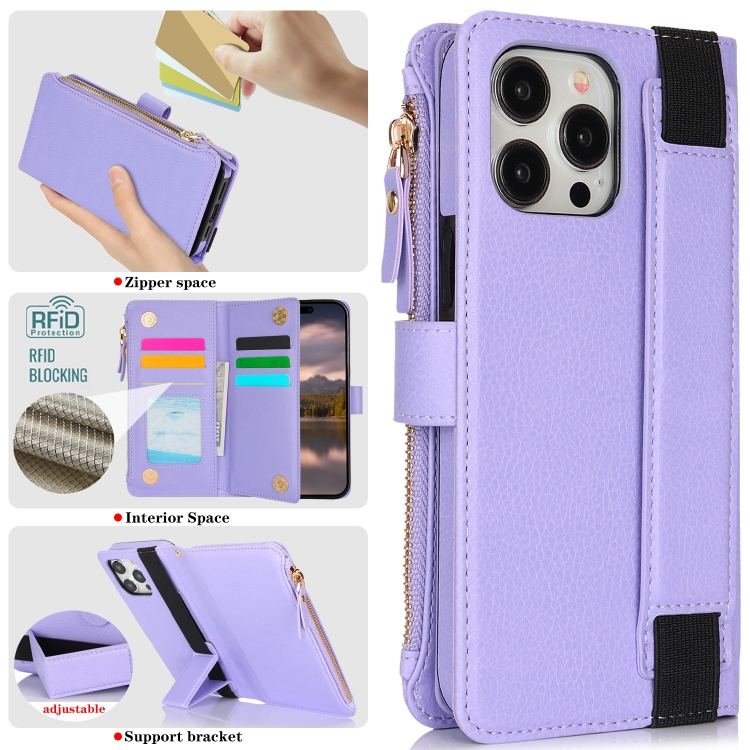 For iPhone 15 Pro Max Wristband Holder Zipper Purse RFID Leather Phone Case(Purple) - 6
