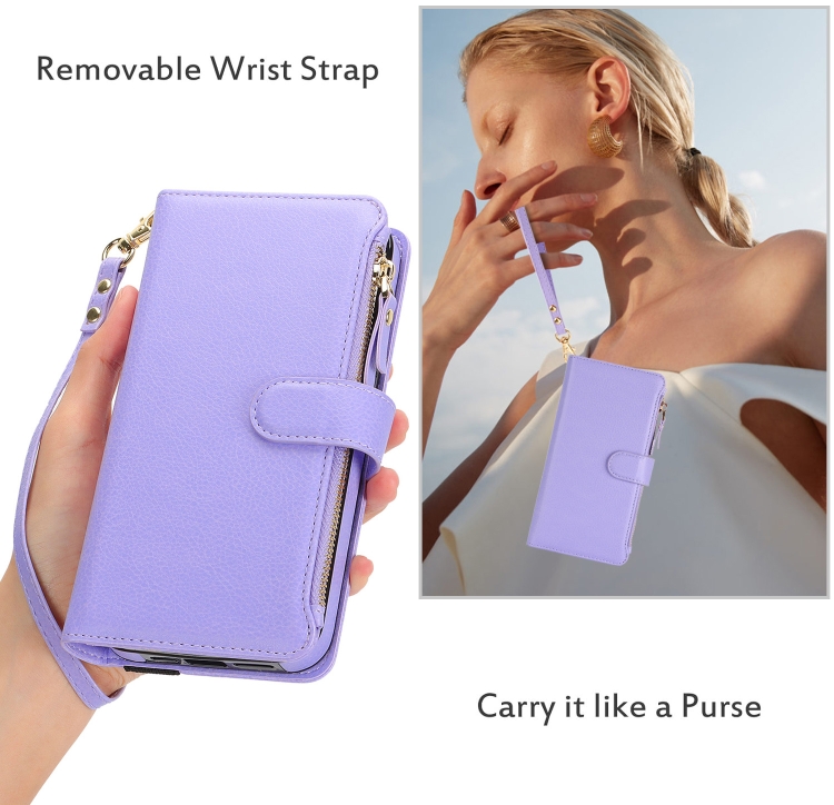 For iPhone 15 Pro Max Wristband Holder Zipper Purse RFID Leather Phone Case(Purple) - 7