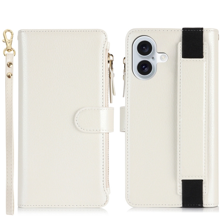 For iPhone 16 Wristband Holder Zipper Purse RFID Leather Phone Case(White) For iPhone 16 Wristband Holder Zipper Purse RFID Leather Phone Case(White)