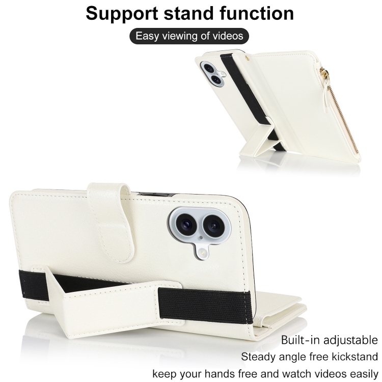 For iPhone 16 Wristband Holder Zipper Purse RFID Leather Phone Case(White) For iPhone 16 Wristband Holder Zipper Purse RFID Leather Phone Case(White)