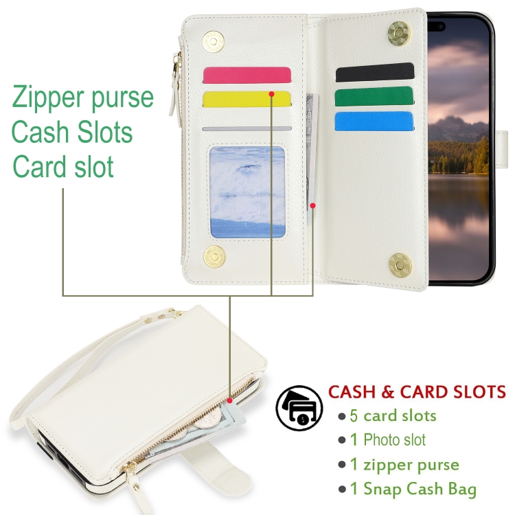 For iPhone 16 Wristband Holder Zipper Purse RFID Leather Phone Case(White) For iPhone 16 Wristband Holder Zipper Purse RFID Leather Phone Case(White)