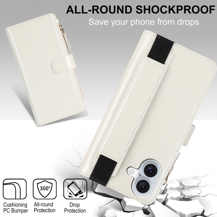 For iPhone 16 Wristband Holder Zipper Purse RFID Leather Phone Case(White) For iPhone 16 Wristband Holder Zipper Purse RFID Leather Phone Case(White)
