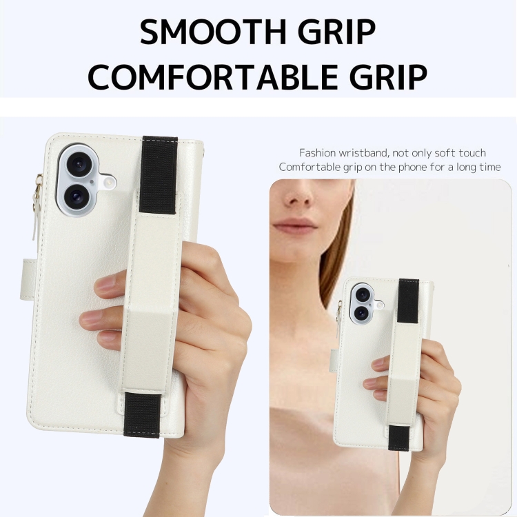 For iPhone 16 Wristband Holder Zipper Purse RFID Leather Phone Case(White) For iPhone 16 Wristband Holder Zipper Purse RFID Leather Phone Case(White)
