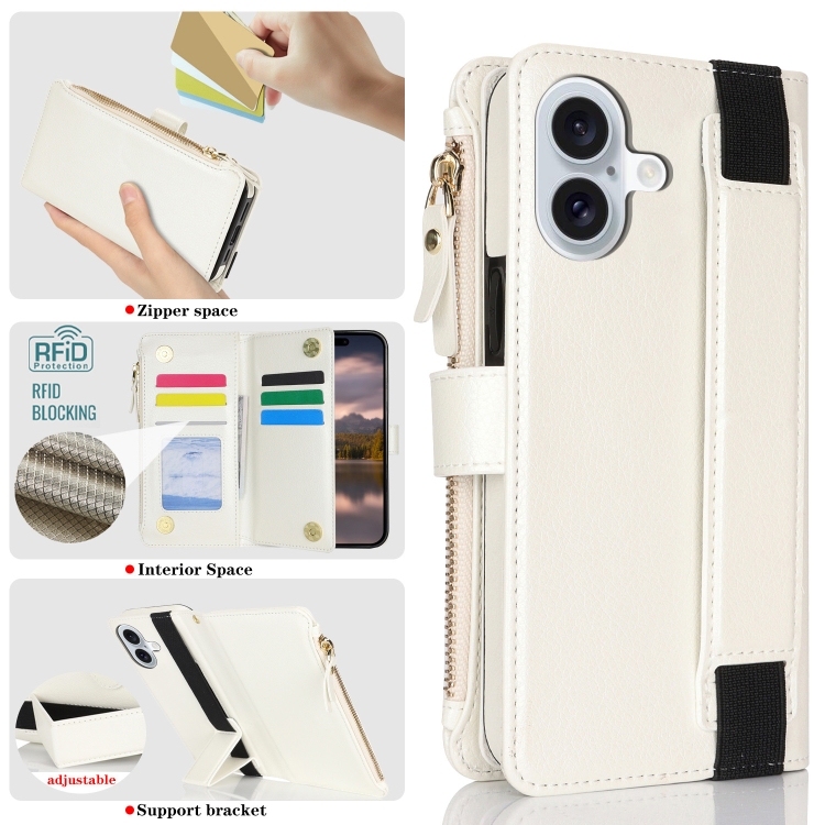For iPhone 16 Wristband Holder Zipper Purse RFID Leather Phone Case(White) For iPhone 16 Wristband Holder Zipper Purse RFID Leather Phone Case(White)