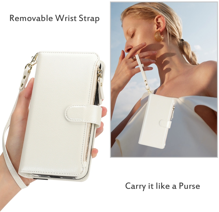 For iPhone 16 Wristband Holder Zipper Purse RFID Leather Phone Case(White) For iPhone 16 Wristband Holder Zipper Purse RFID Leather Phone Case(White)