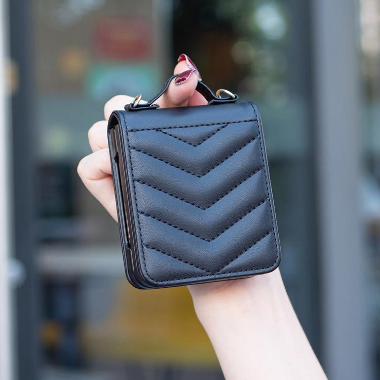 For Galaxy Z Flip8 5G Wave-shaped Crossbody Lanyard Leather Phone Case(Black)