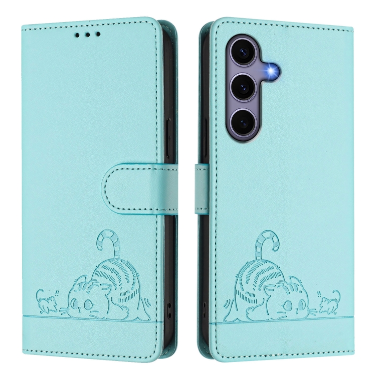 For Samsung Galaxy S25 5G Cat Rat Embossed RFID Leather Phone Case with Lanyard(Mint Green) For Samsung Galaxy S25 5G Cat Rat Embossed RFID Leather Phone Case with Lanyard(Mint Green)