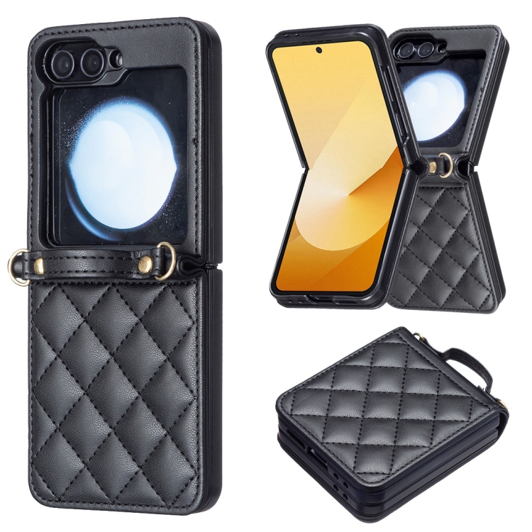 For Samsung Galaxy Z Flip6 Rhombus-shaped Crossbody Lanyard Leather Phone Case(Black) For Samsung Galaxy Z Flip6 Rhombus-shaped Crossbody Lanyard Leather Phone Case(Black)