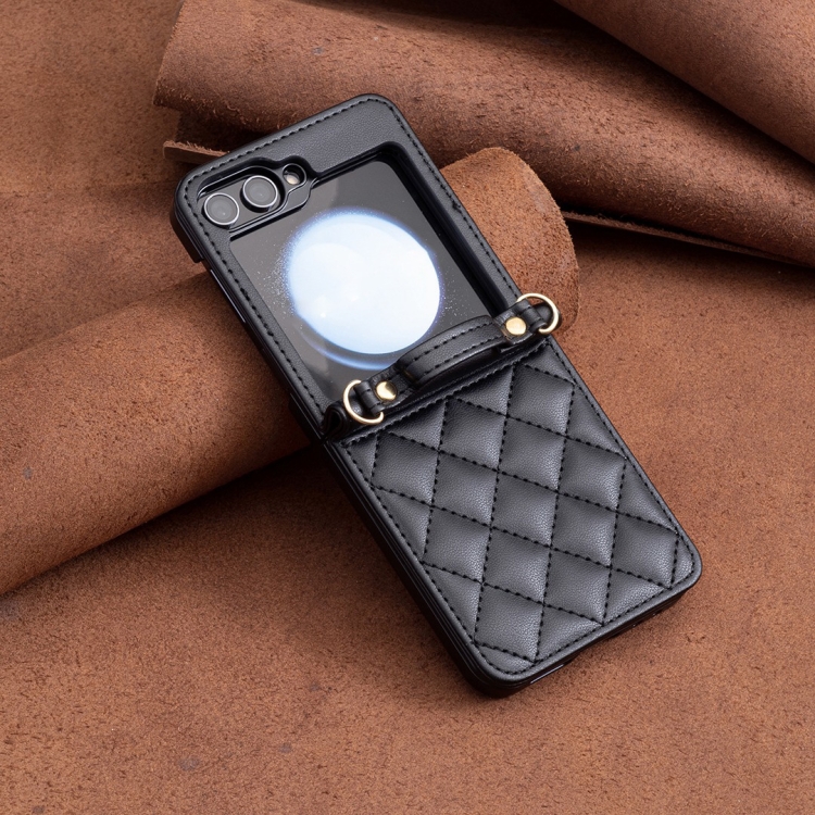For Samsung Galaxy Z Flip6 Rhombus-shaped Crossbody Lanyard Leather Phone Case(Black) For Samsung Galaxy Z Flip6 Rhombus-shaped Crossbody Lanyard Leather Phone Case(Black)