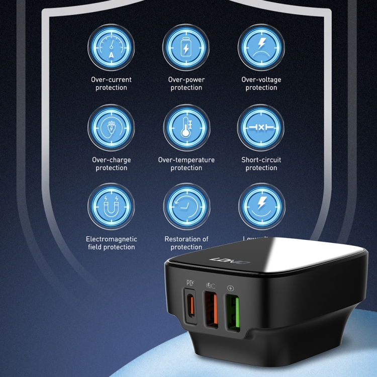 LDNIO Q334 32W Type-C + Dual USB Port Charger with 1m USB-C / Type-C to USB-C / Type-C Data Cable, Plug Type:EU Plug(Black) - B13