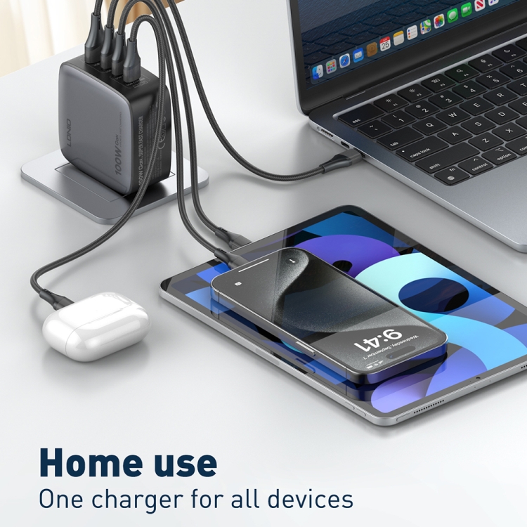 LDNIO Q408 100W GaN USB+3 USB-C / Type-C Interface Charger with 1m 100W USB-C / Type-C to USB-C / Type-C Data Cable, Plug Type:US Plug(Black) - B9